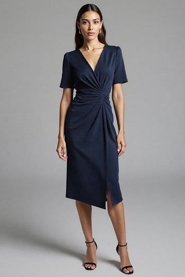 Ruched Navy Short Sleeve V-Neck Midi Dress